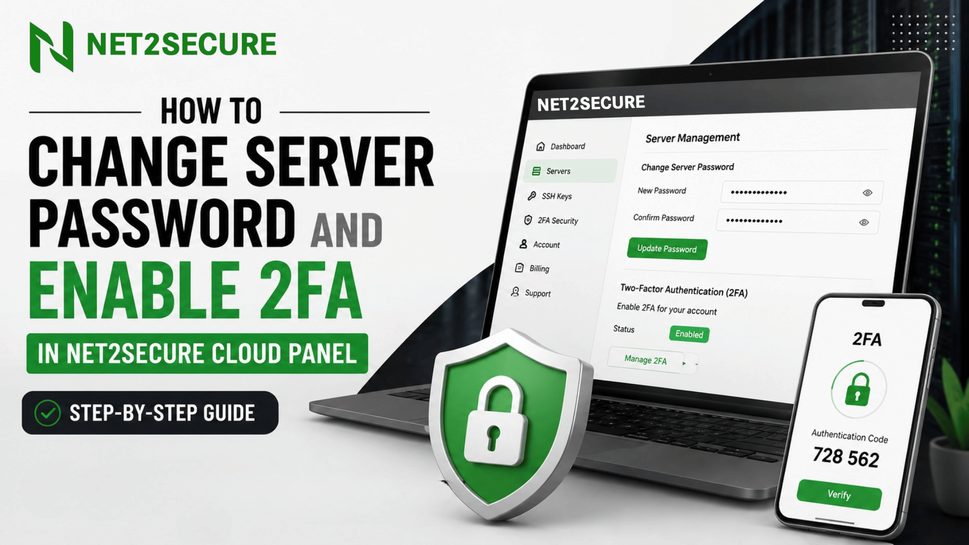 How to change the server password and enable 2FA in Net2Secure Public Cloud Panel?